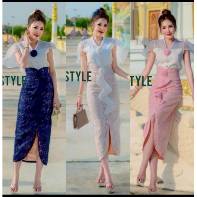675💘ขาวมี3xl[ปกติ]เสื้อ19"กป37"เซตกระโปรงยาวลูกไม้เสื้อแขนผ้าแก้ว