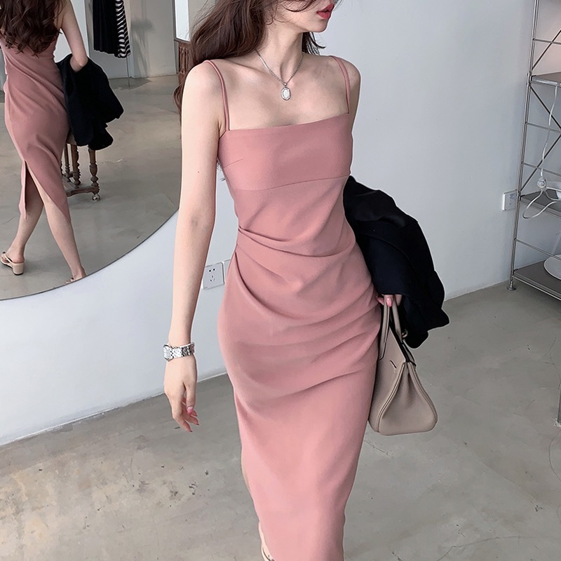 เดรสยาวรัดรูป สีชมพู สายเดี่ยว ไปทะเลผู้หญิง เกาะอก คนอ้วน โชว์หลัง แฟชั่น ชุดออกงานเรียบหรู