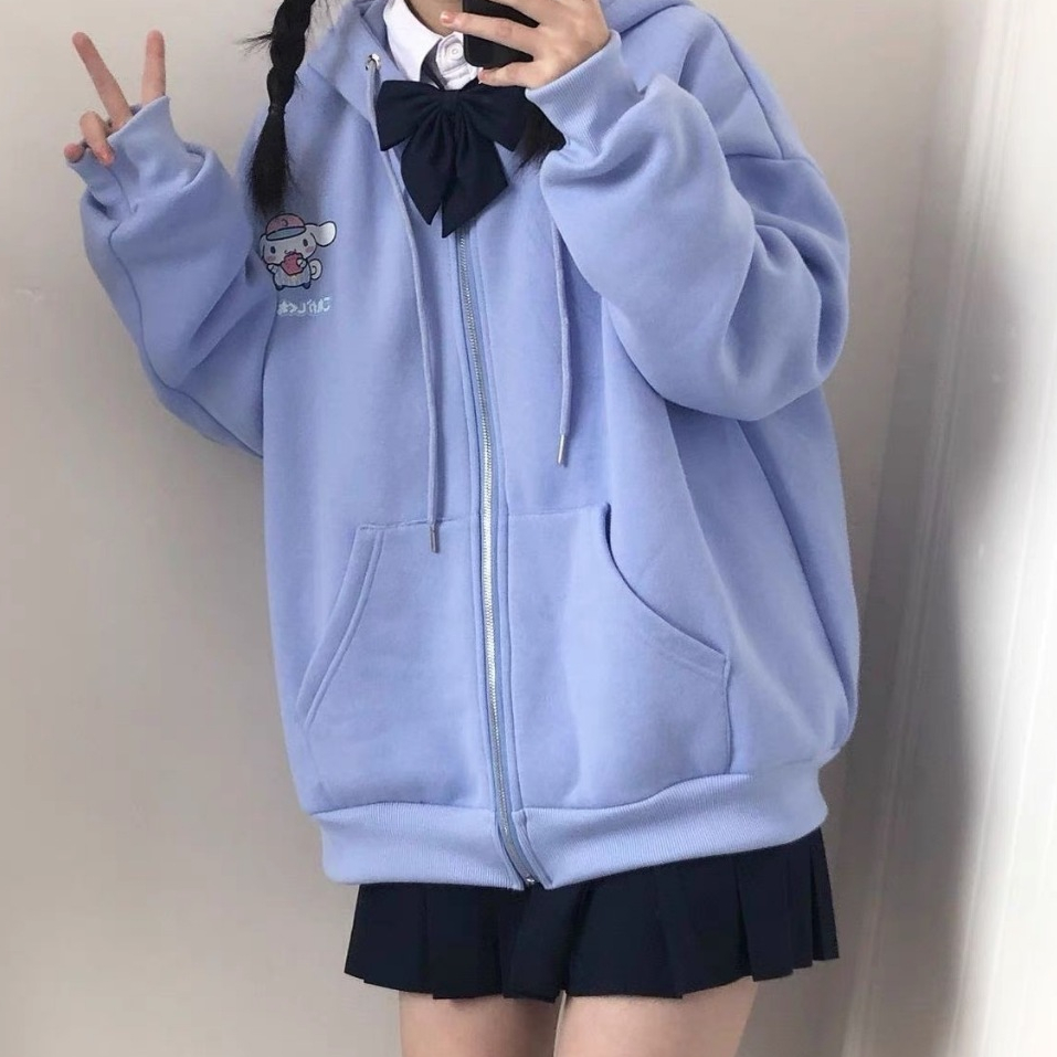 เสื้อแจ็คเก็ตฮู้ดหลวมๆ สไตล์วิทยาลัยญี่ปุ่นน่ารักสำหรับเด็กผู้หญิง