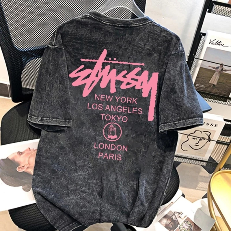 Top.street เสื้อฟอกสีดำ เสื้อ oversize สตรี tshirt ผ้าCotton 100% pink letters เท่ เสื้อยืดคอกลม 3xl โอเวอร์ไซส์