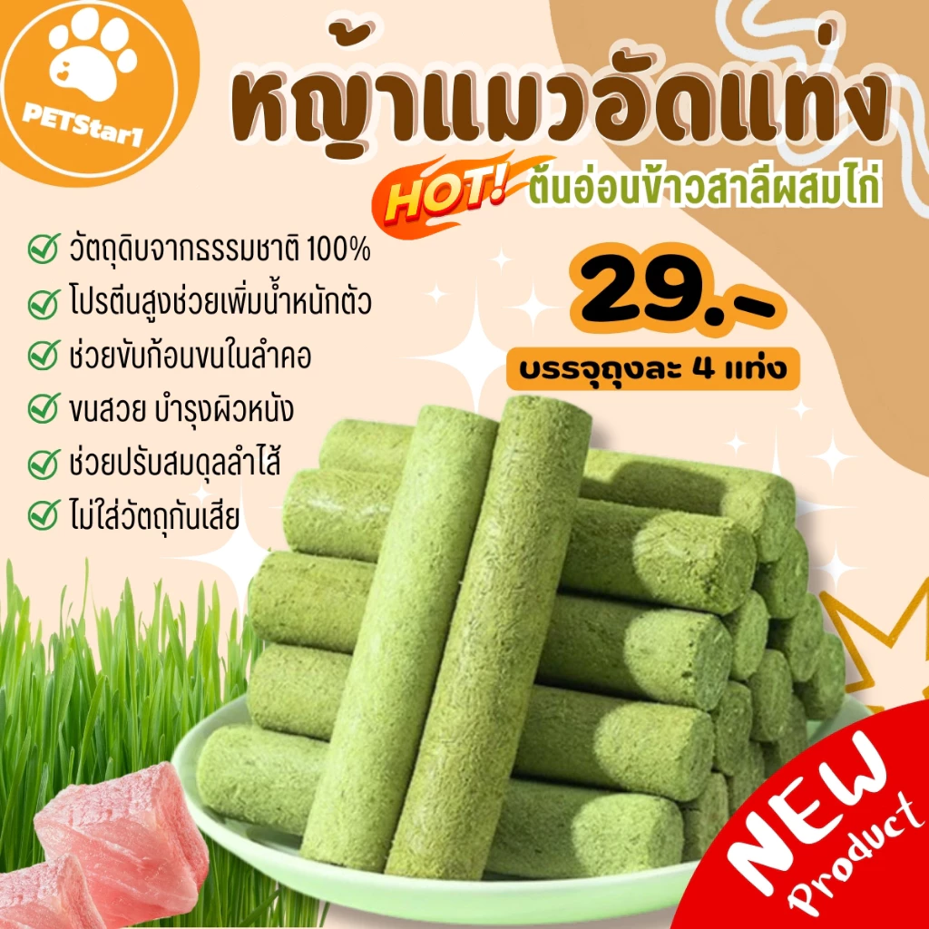 🥇หญ้าแมว🥇หญ้าแมวอัดแท่งหญ้าแมวฟรีซดราย ทำจากต้นอ่อนข้าวสาลีผสมอกไก่และแซลม่อน ขนมแมว ช่วยสำรอกก้อนขน ช่วยขัดฟัน เพื่อกำจ