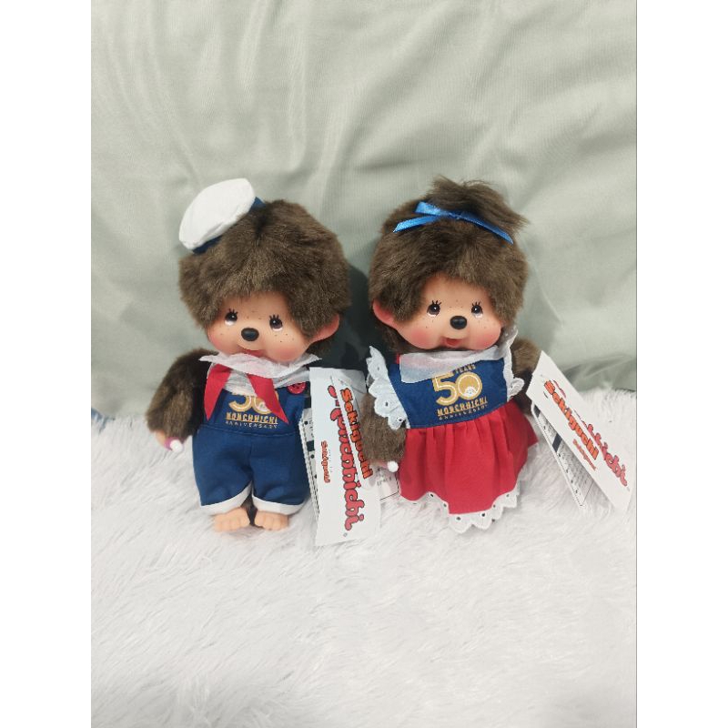 💙พร้อมส่ง ส่งฟรี💙 คู่ Monchhichi ตุ๊กตา ไซส์ S Anniversary 50th limited Yokohama ใหม่  ป้ายห้อย
