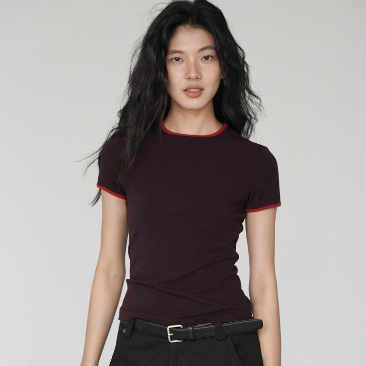 cherryshop🍒พร้อมส่ง เสื้อยืดแฟชั่นผู้หญิง เสื้อยืดแขนสั้น ดีไซน์สีตัดกัน เหมาะกับการสวมใส่ทุกรูปแบบ - รูปที่ 3