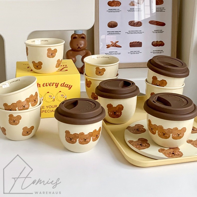 【พร้อมส่ง】☕️ แก้วกาแฟ แก้วชา มีฝาปิด เซรามิก ลายหมี น่ารัก สไตล์เกาหลี มินิมอล ใช้เป็นพร็อพถ่ายรูปได้ ถ้วยใส่กาแฟแบบฝา
