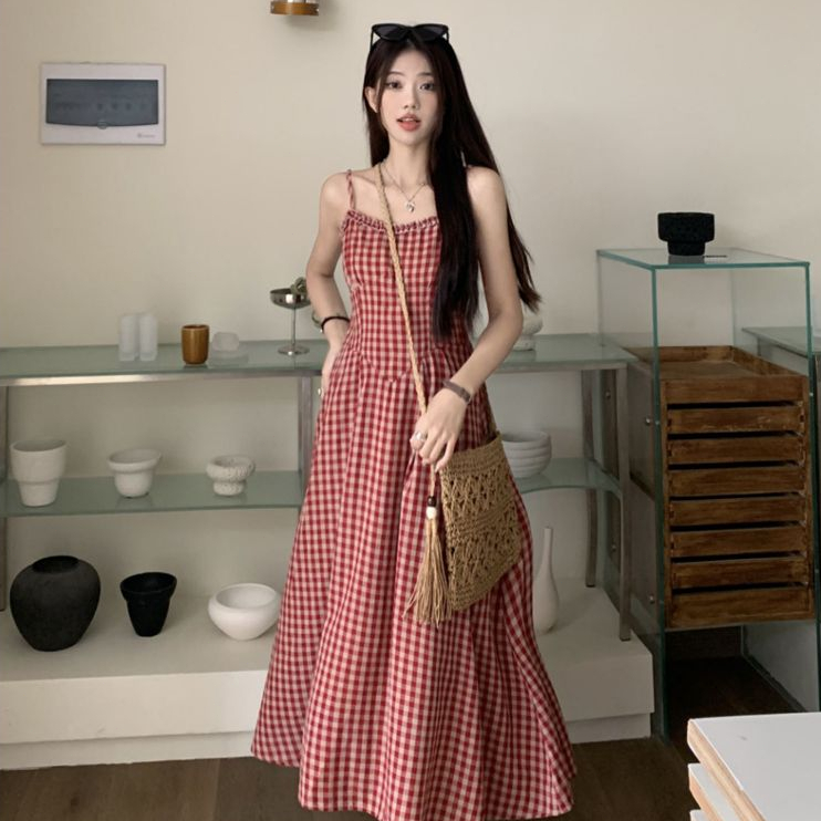 cherryshop พร้อมส่ง ชุดเดรสสายเดี่ยวลายสก็อตสีแดงแฟชั่นฤดูร้อนสำหรับผู้หญิง สไตล์เอไลน์ สไตล์ย้อนยุคฝรั่งเศส การลดอายุ - รูปที่ 6