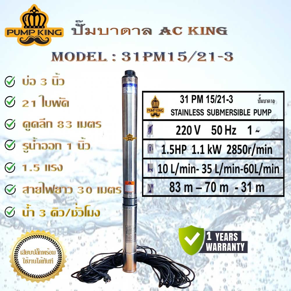 ปั๊มบาดาล KING บ่อ 3 นิ้ว รุ่น 31PM15/21-3