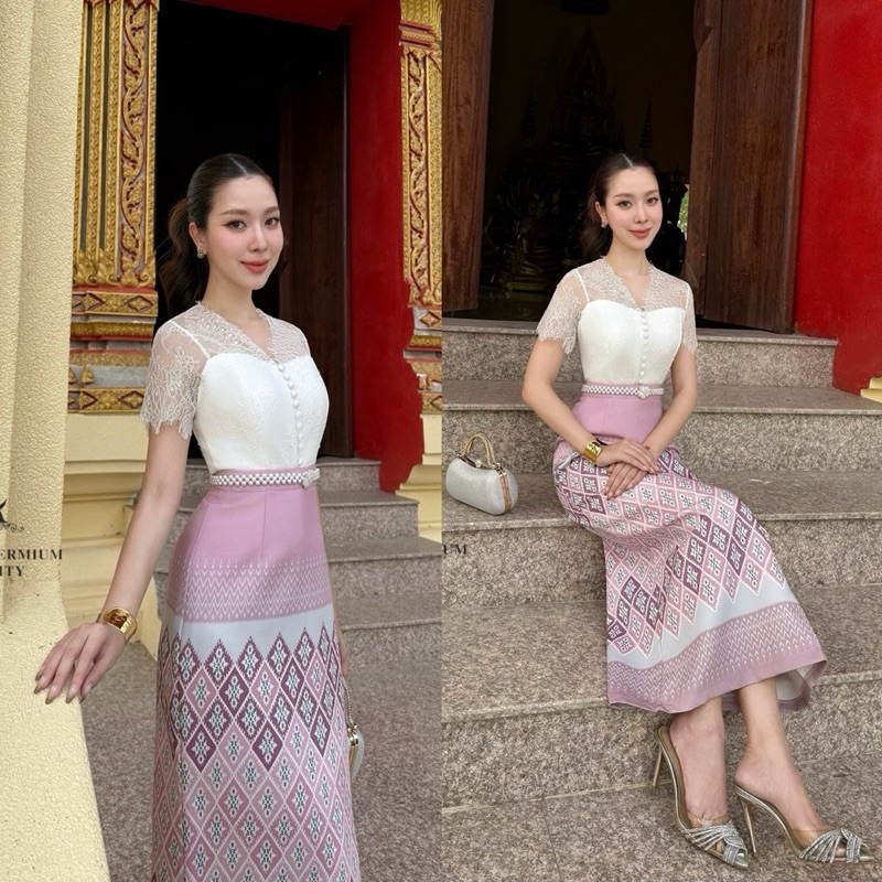 Set เสื้อลูกไม้ทรงแขนสั้น มาพร้อมผ้าถุงสำเร็จลายผ้าไทย