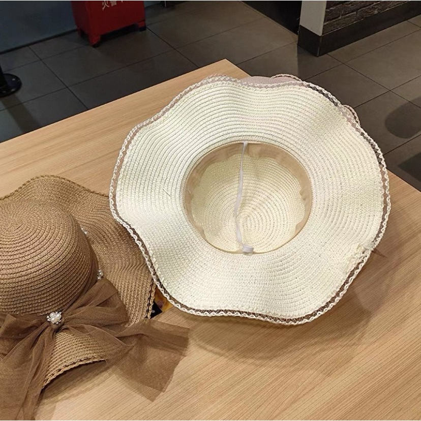 221หมวกปีกกว้างหมวกสาน  หมวกบัคเก็ตกันแดด โบว์ติดมุก  แฟชั่นสำหรับผู้หญิง - รูปที่ 6