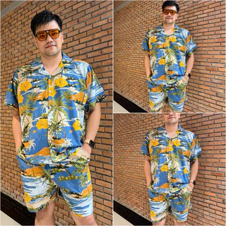 Amtar ชุดเซ็ต Plus size เสื้อกางเกงฮาวายผ้าไหมอิตาลี เสื้อผ้าไซส์ใหญ่ สาวอวบ คนอ้วน