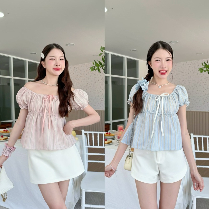 Prod - เสื้อแขนตุ๊กตาลายทางผ้าลินินสีพาสเทล✨