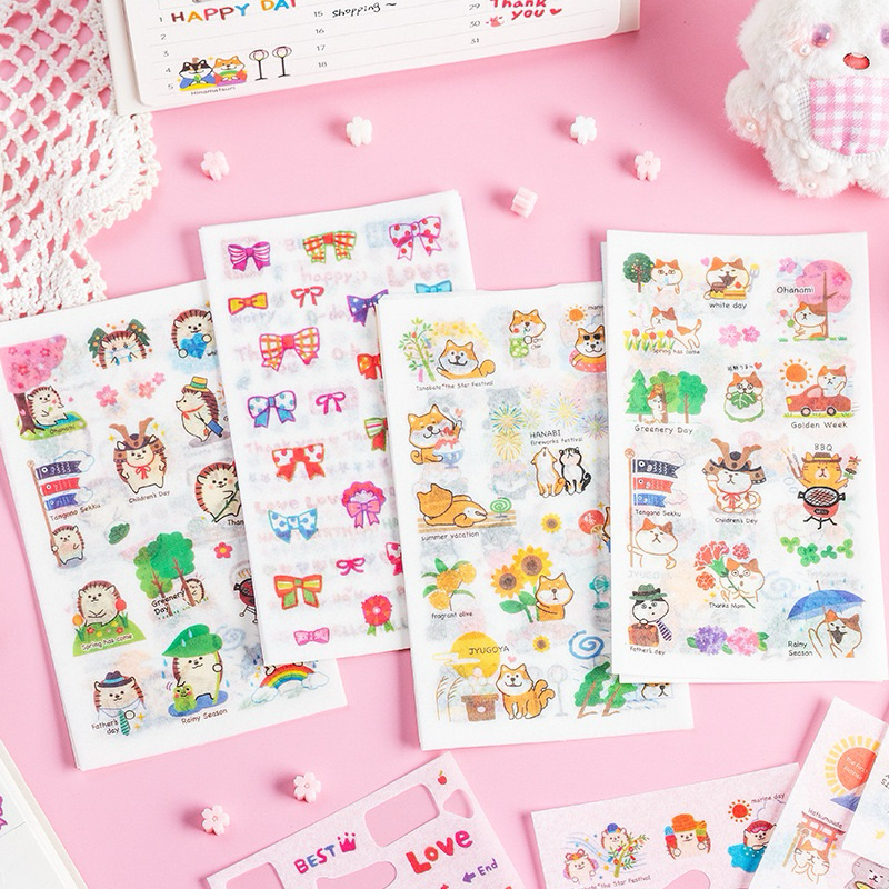 🇹🇭 สติ๊กเกอร์กระดาษวาชิ สําหรับตกแต่งสมุดโน๊ต เครื่องเขียน ของขวัญ เซ็ท 4 แผ่น