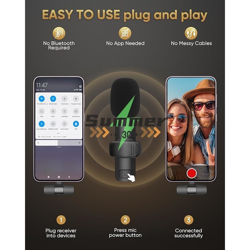 Summer มโครโฟนไร้สายแบบติดปกเสื้อสำหรับ iPhone/Android ไมโครโฟนแบบติดปกเสื้อขนาดเล็กสำหรับการบันทึกวิดีโอ การสัมภาษณ์