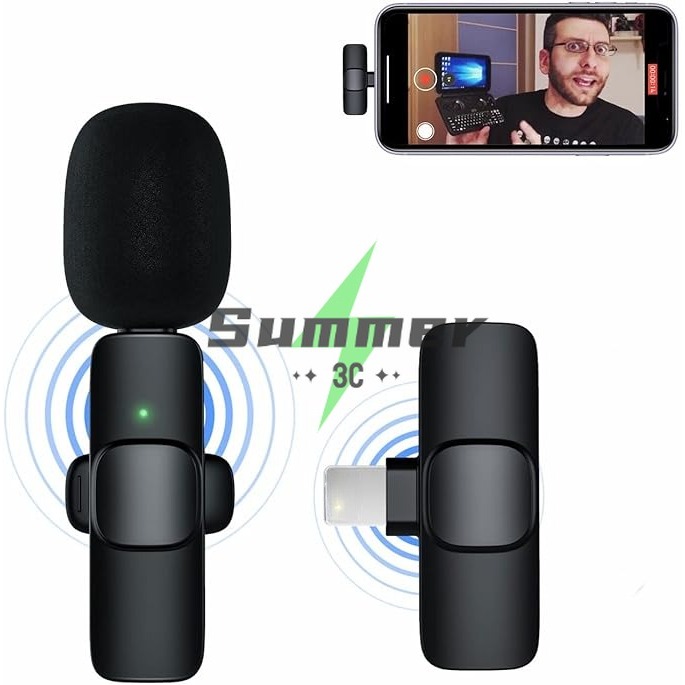 Summer มโครโฟนไร้สายแบบติดปกเสื้อสำหรับ iPhone/Android ไมโครโฟนแบบติดปกเสื้อขนาดเล็กสำหรับการบันทึกวิดีโอ การสัมภาษณ์