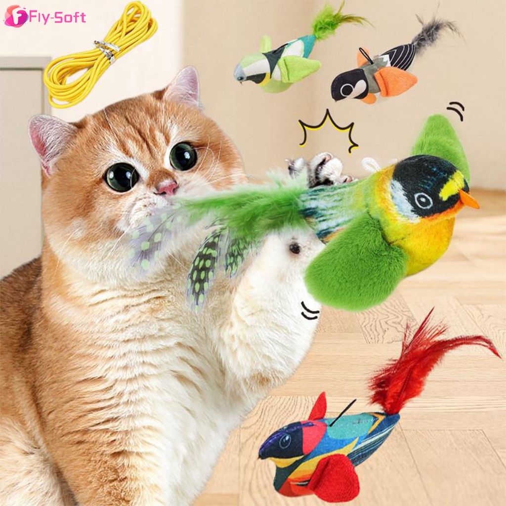 Fly-soft ของเล่นนกจำลอง  กัดทน สำหรับแมว พร้อมหญ้าชนิดหนึ่ง และเสียงร้องของนก