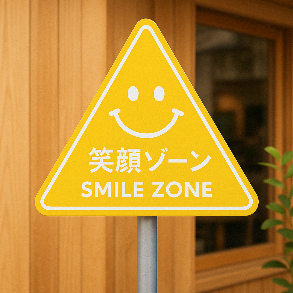 ป้ายร้านกาแฟ ตั้งหน้าร้าน ป้าย Smile Zone ญี่ปุ่น สามเหลี่ยม สีเหลือง รอยยิ้ม สไตล์มินิมอล
