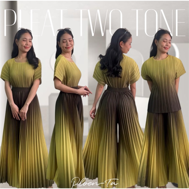 Pleat two tone set 02 ชุดเซทเสื้อแขนล้ำและกางเกงขายาวผ้าอัดพลีท ดีเทลไล่สีแบบทูโทน