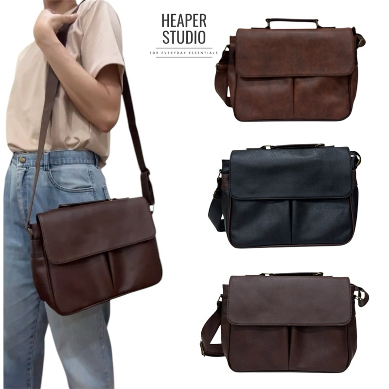 Heaper LUCAS กระเป๋าหนังสะพายข้างทูโทน กระเป๋าหนังเทียม กระเป๋าทำงาน