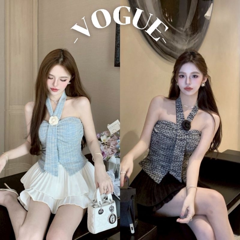 Vogue🌟พร้อมส่ง🌟 เสื้อเกาะอก มีฟองน้ำ สีพื้น เพิ่มสายคล้องคอแต่งดอกไม้ (FY10101)