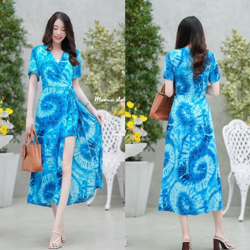 จั้มสูทลายมัดย้อมแขนสั้นสุดชิค ช่วงอกแต่งไขว้ซ้อน ผ่าแหวกด้านหน้า มีกางเกงขาสั้นด้านใน มีซิปซ่อนด้านหลัง - รูปที่ 3