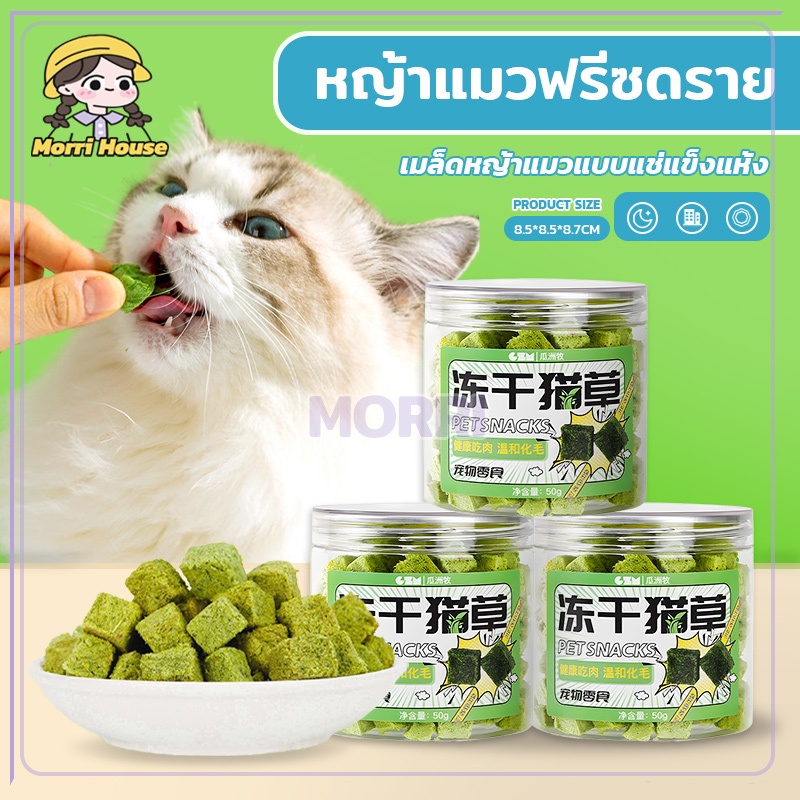 หญ้าแมวแห้งแช่แข็ง ขนมสัตว์เลี้ยง ขนมเมว กลิ่นใบมินต์ ช่วยสำรอกก้อนขน โภชนาการเพื่อสุขภาพ 50 กรัม