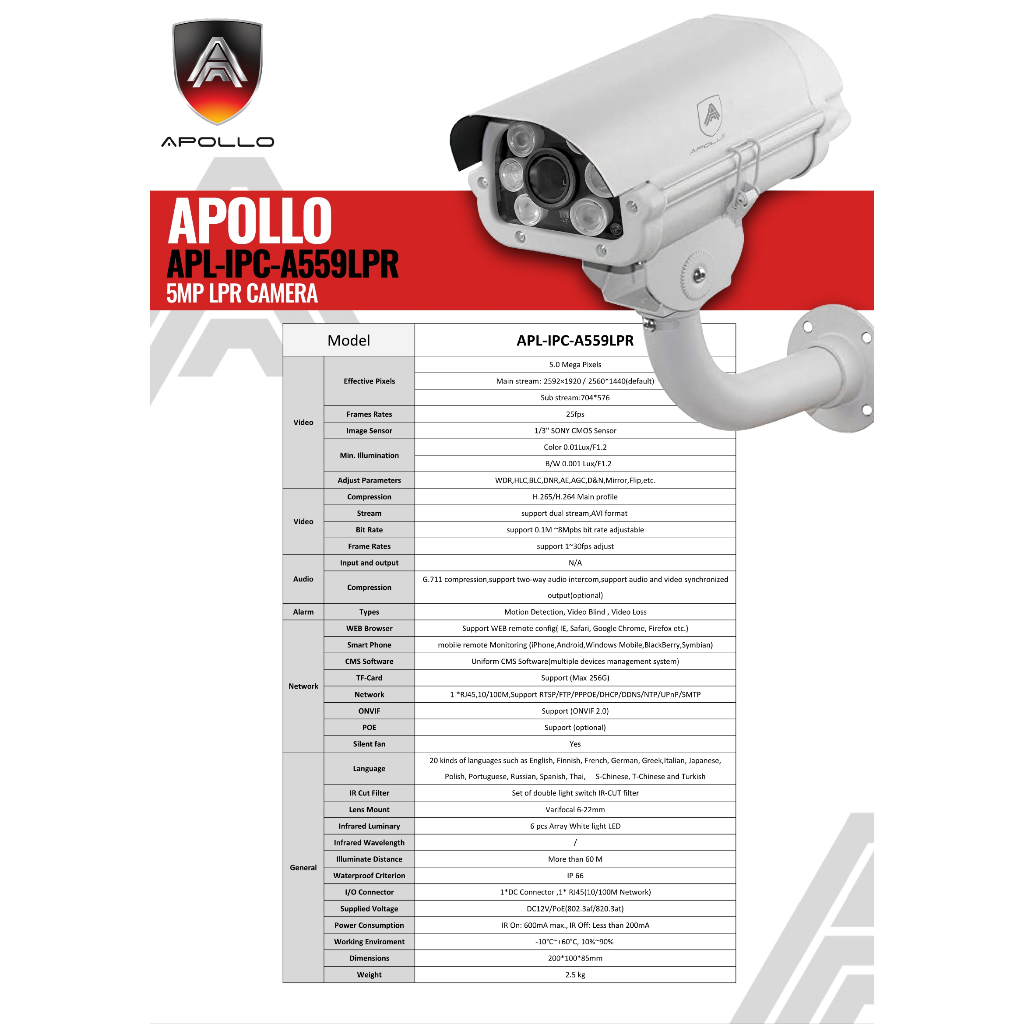 APOLLO กล้องส่องป้ายทะเบียนรถ กล้องPOE รุ่น APL-IPC-A559LPR IP Camera 5MP Outdoor ประกัน 1ปี