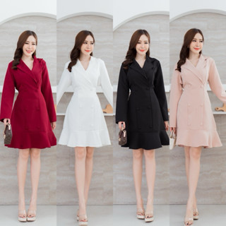 เดรสทำงาน ออกงานปกสุท เเขนยาวระบายชาย เเต่งกระดุมผ้า ป้ายMod…