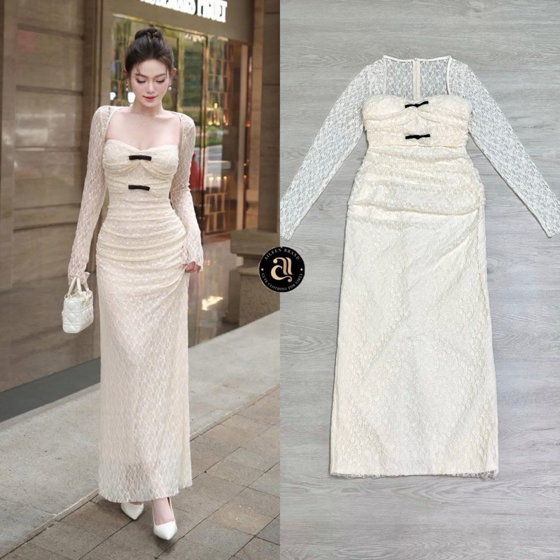 Aileen•เดรสยาวเนื้อผ้าลูกไม้สีขาวแขนยาวลูกไม้ซีทรู ด้านในตัวชุดเป็นซับในสีครีม