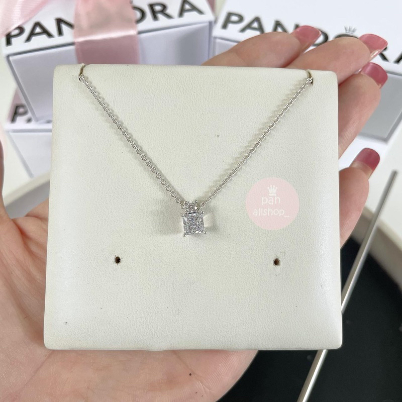 (ของแท้100%) Sparkling Collier Round & Square Pendant Necklace สร้อยคอเพชรเหลี่ยม ยาว45 ปรับได้