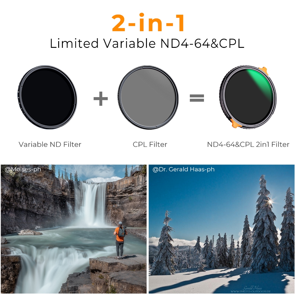 K&F CONCEPT NANO-X 2-in-1 CPL +ND4-64 with orange lever adjustable HD camera lens filter