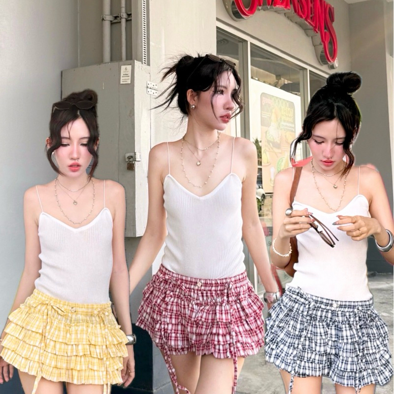 🌼งานป้าย suwimol 🌼 กางเกงกระโปรงระบาย 4ชั้น ผูกโบว์หน้า ลายสก้อต บอลลูน