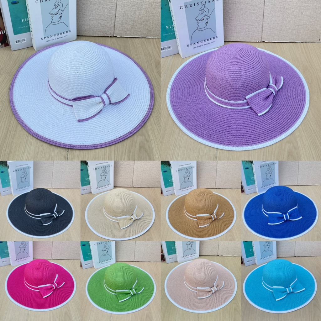หมวกสานปีกกว้างหญิง แต่งคาดโบว์ มีหลากสี ใส่กันแดด สินค้าพร้อมส่ง C068