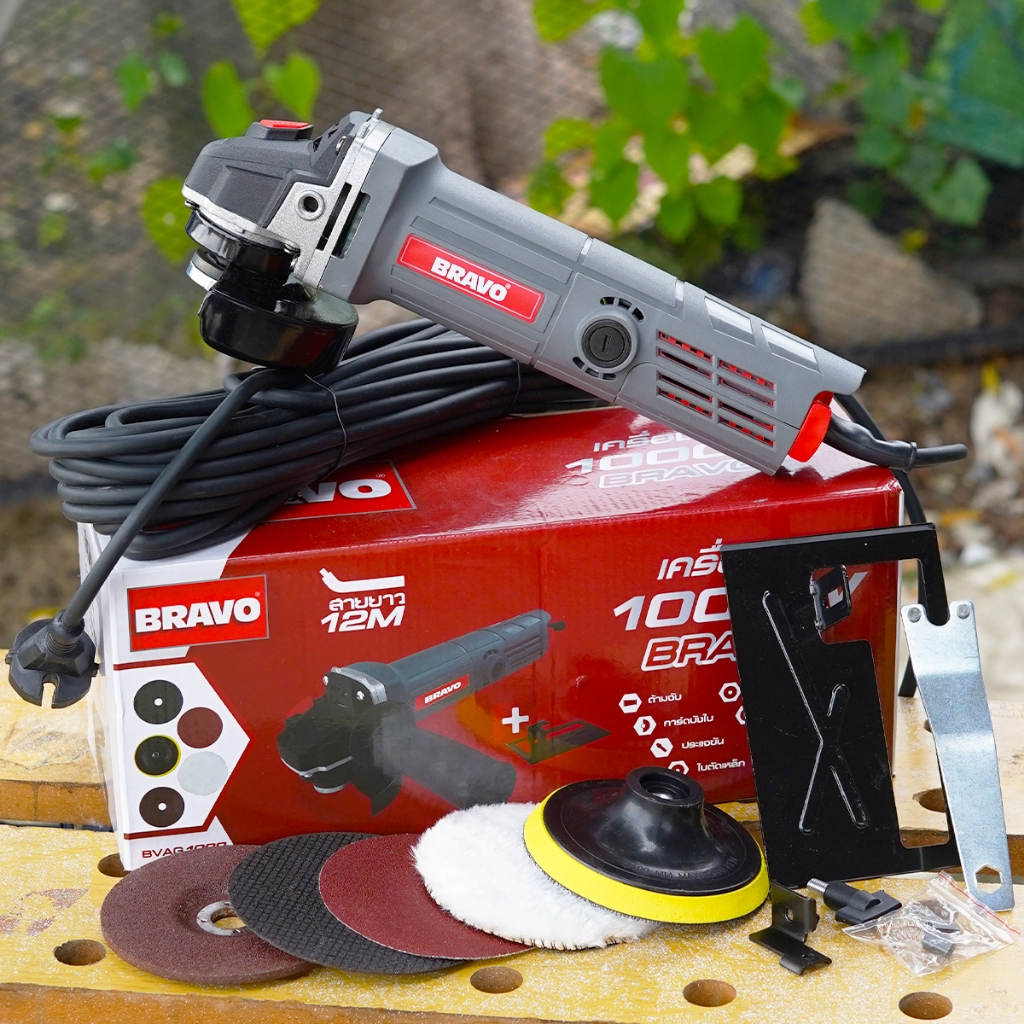 หินเจียร์ 4 นิ้ว BRAVO (รุ่นงานหนัก) กำลังไฟ 1000W สายไฟยาว 12 เมตร (แถมฟรีที่จับ+ไกด์นำตัด+ใบตัดใบเจียร์)
