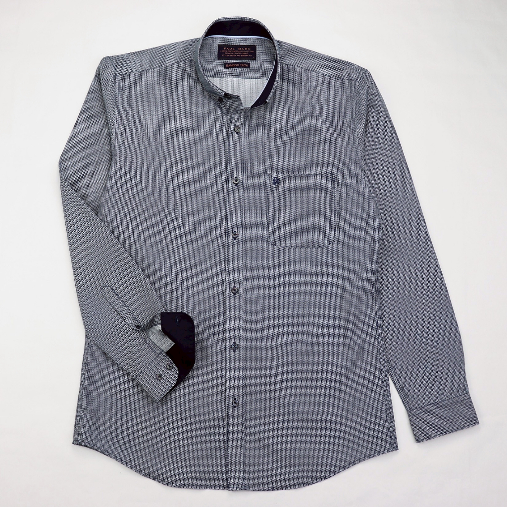PAUL MARC เสื้อเชิ้ตลายพิมพ์สีกรมท่า slim fit bamboo tech ผ้าใยไผ่ นุ่มรีดง่ายลดกลิ่นอับ PCH7BF3B02C - รูปที่ 3