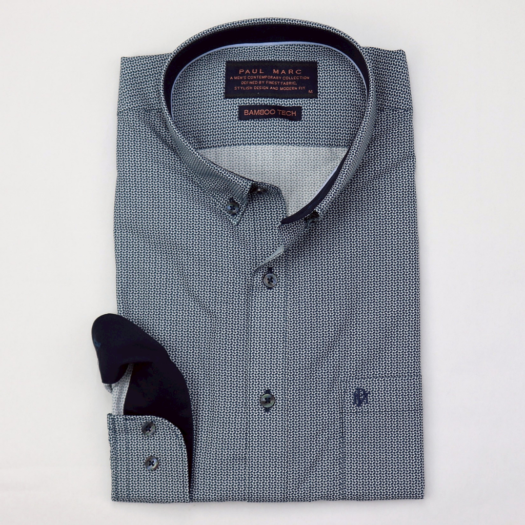 PAUL MARC เสื้อเชิ้ตลายพิมพ์สีกรมท่า slim fit bamboo tech ผ้าใยไผ่ นุ่มรีดง่ายลดกลิ่นอับ PCH7BF3B02C - รูปที่ 2