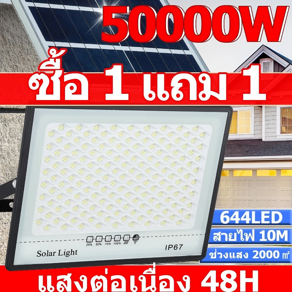 🔥ซื้อ 1 แถม 1🔥 ไฟโซล่าเซลล์ 50000W โซล่าเซลล์ ไฟสว่างมาก ไฟโซล่าเซล กันน้ำ สว่างอัตโนมัติเมื่อฟ้ามืด