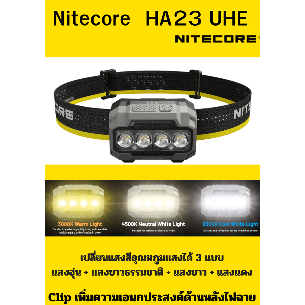 ไฟฉายคาดหัวNitecore  HA23UHE  600lm 3 แสงสีอุณหภูมิแสง +แสงแดง ถ่าน AAA หาง่าย Clip เอนกประสงค์ และถ