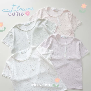 mirrorme เสื้อ Baby tee พิมพ์ลาย สีพาสเทล แต่งลูกไม้