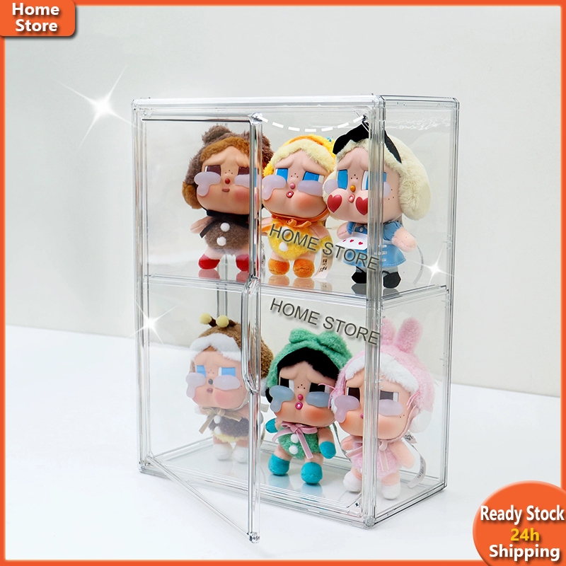 ตู้โชว์Crybaby Labubu Macaron รุ่น 2 ชั้น มีประตูเปิด-ปิด สีใส