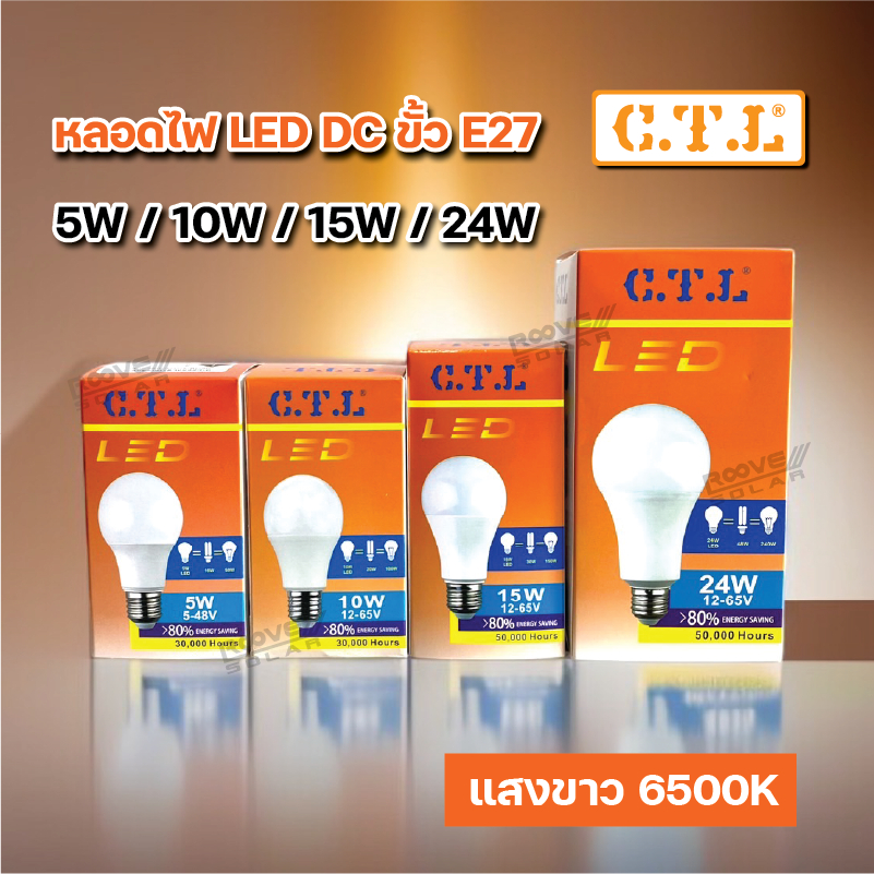 CTL หลอดไฟ LED DC [ ใช้กับแบตเตอรี่ ] หลอดประหยัดไฟ 12V-65V ขั้ว E27 แสงสีขาว 5W/10W/15W/24W