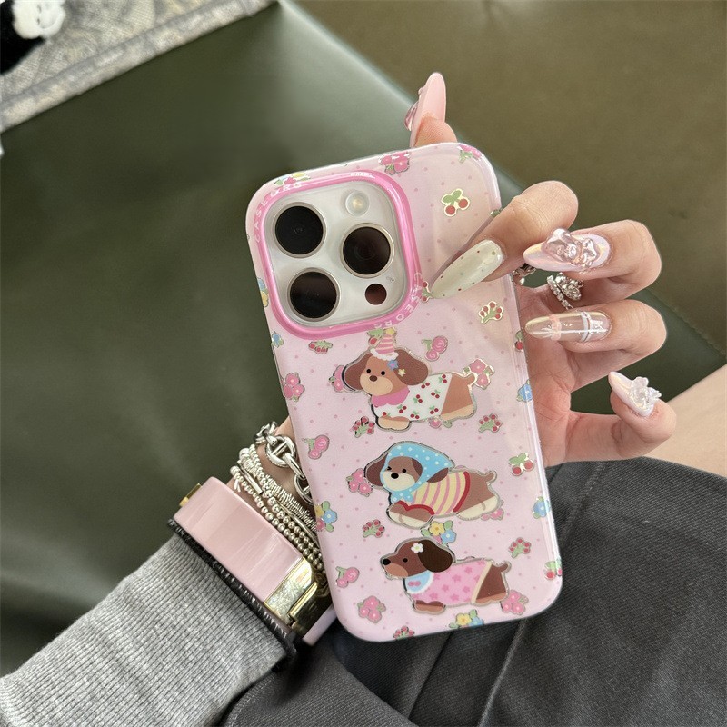 [15PRO] SALE เคสน้องหมาไส้กรอก3ตัว พื้นจุดชมพู เคสไอโฟน พร้อมส่ง เคสสำหรับ IPHONE CASE