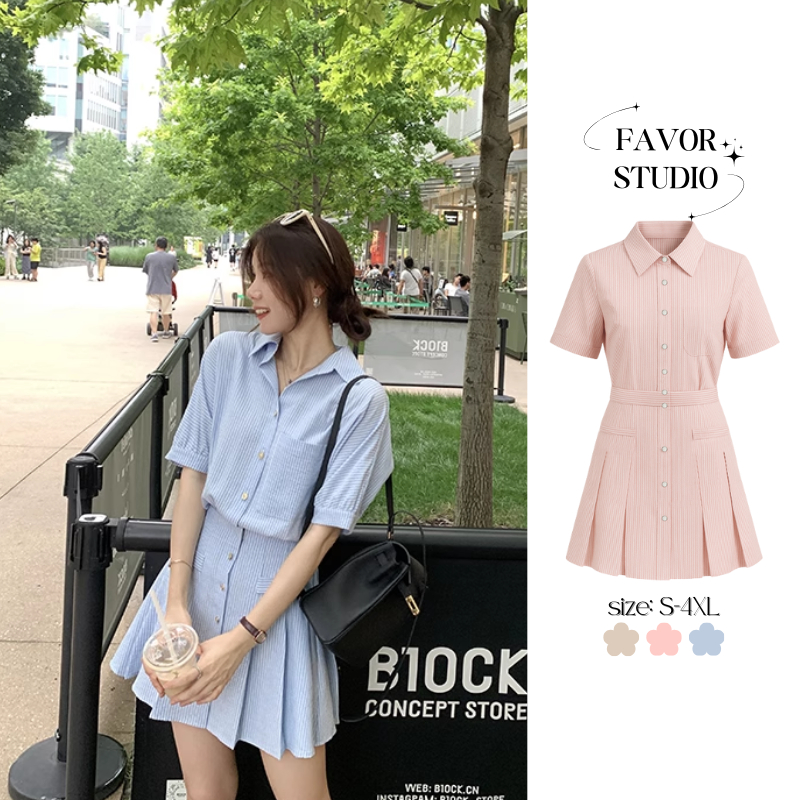 【S-4XL】 มินิเดรสเชิ้ตลายทางแบบโปโล เข้าเอว ไซส์ใหญ่สำหรับสาวอวบ ลุคสบายๆ ดูมีสไตล์ เดรสออกงาน