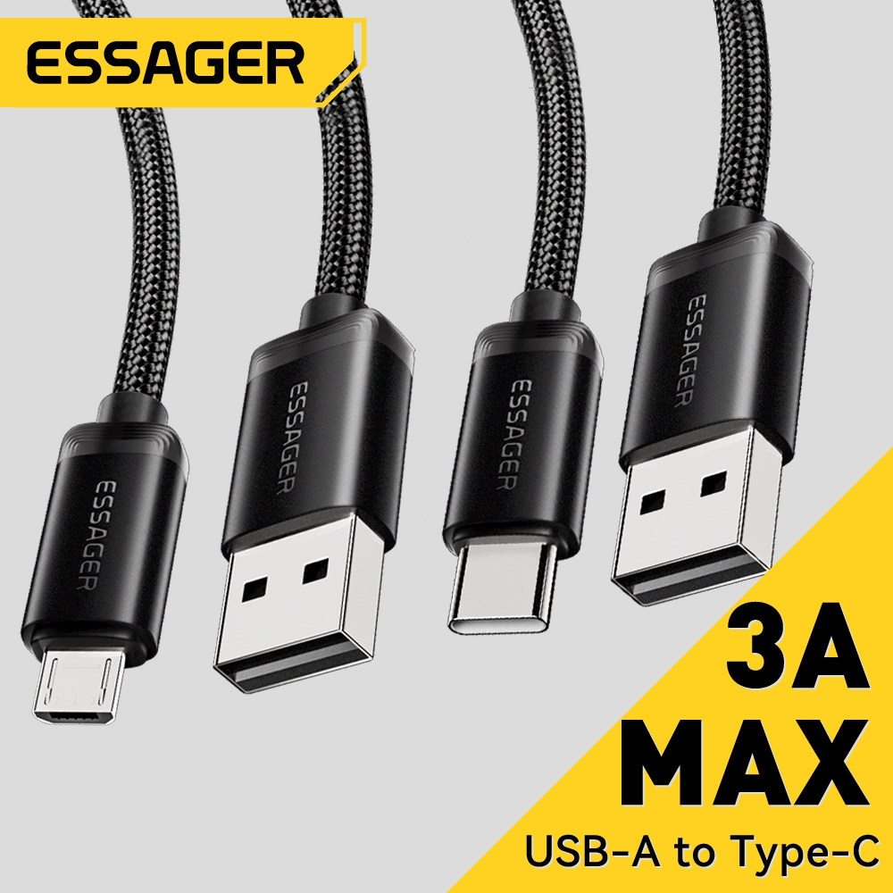 Essager สายชาร์จเร็ว USB to Micro/Type C 2A /3A ของ ถ่ายโอนข้อมูลด้วย USB 2.0 480Mbps สายถัก A ถึง Micro