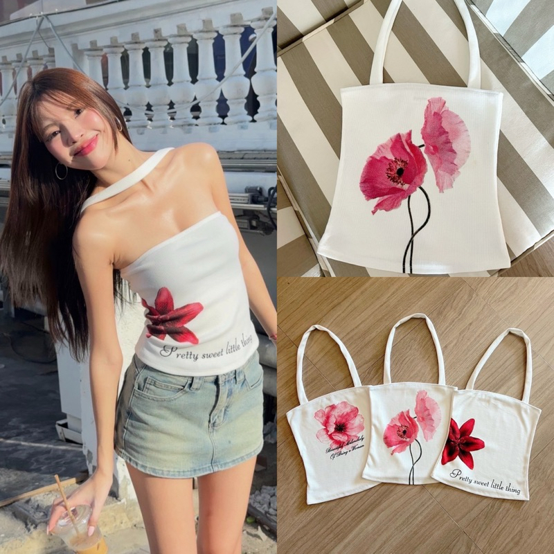 𝑻𝒖𝒃𝒆 𝑯𝒂𝒍𝒕𝒆𝒓 𝑻𝒐𝒑 🌺🌸 เกาะอกดีเทลมีสายคล้องคอ ผ้าร่อง สกรีนลาย🤍 (Bykim🏷️)