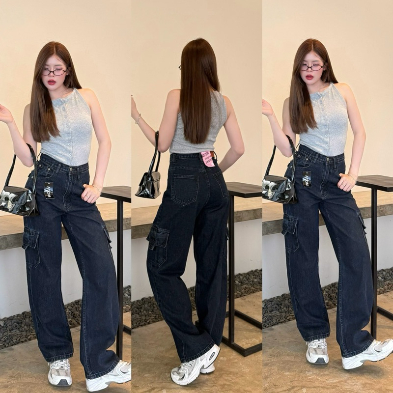 (S-38) กางเกงยีนส์ทรงกระบอก คาร์โก้ มีไซส์ใหญ่ ผ้าไม่ยืดผ้านุ่ม Atom jeans (7088)