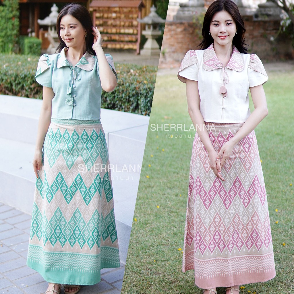 ชุดเซทผ้าฝ้ายเสื้อคอบัว แต่งแขนกลีบบัว กระโปรงยาวลายไทย