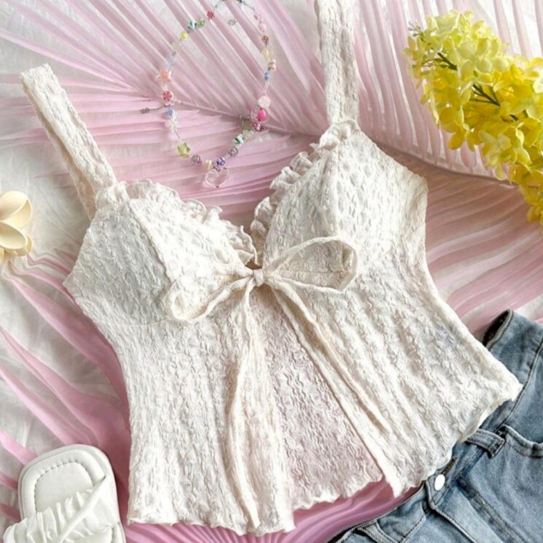 Crop TC2540 เสื้อแขนกุด ผูกหน้า อกแต่งระบาย