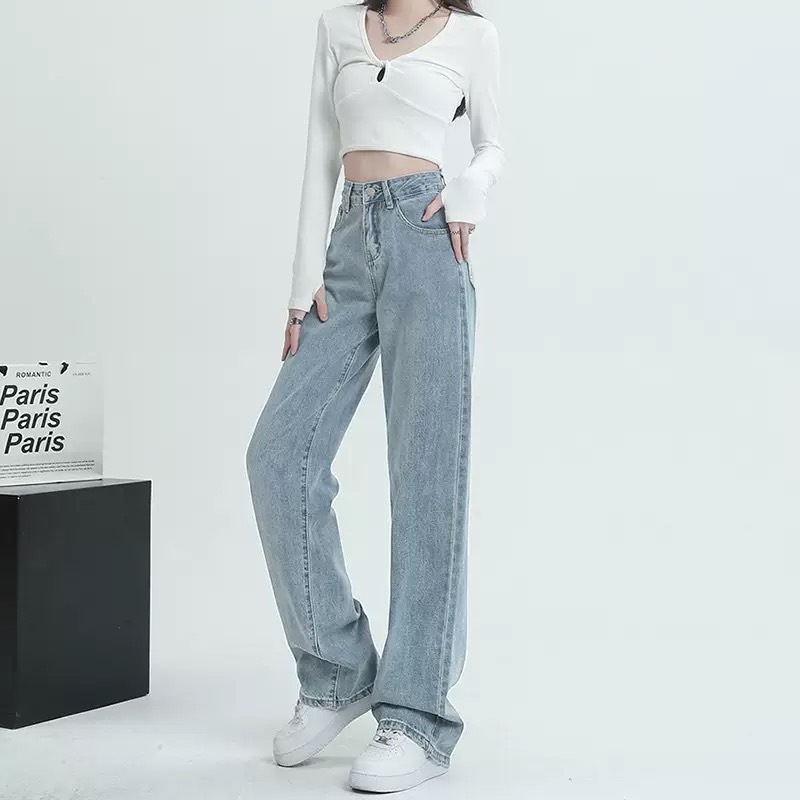 S-5XLกางเกงยีนส์ขายาวทรงกระบอก เอวสูง สีพื้น นื้อผ้ายีนส์ไม่ยืด - รูปที่ 6