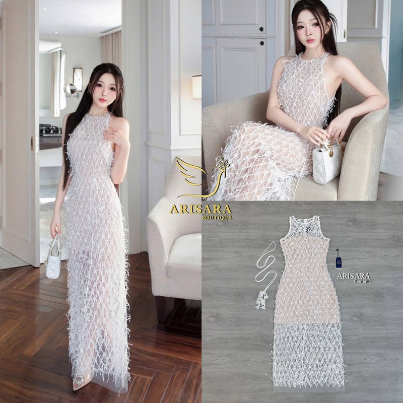 ARISARA•เรียบ หรู ดูแพง ชุดเดรสยาว พร้อมเชือกสายดอกไม้ 3D