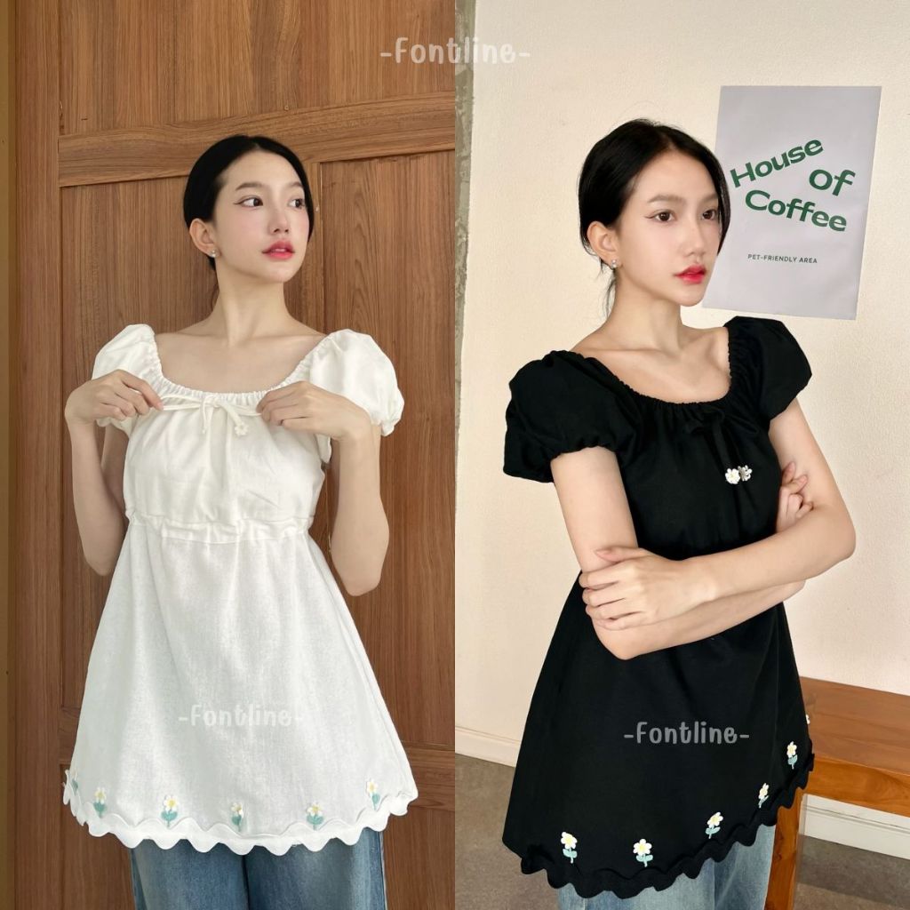 FONTLINE มินิเดรส แต่งดอกปักน่ารัก รอบอก32-40นิ้วใส่ได้ เดรสแขนสั้น แขนพอง พรางหุ่น ผ้าฝ้ายเกรดฟอกนุ