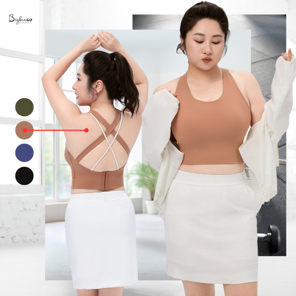 (Plussize S-5XL) Bigbraco | AA136 - ชุดออกกำลังกายสาวอวบ สปอร์ตบราหลังไขว้ตัวยาวตะขอหลัง กระชับทรงอก เซ็กซี่